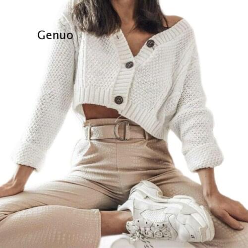 Women Knitted Cropped Cardigan Sweaters Female Short Coat V Neck Single Breasted Knitwear Spring Autumn Solid Shawl Jacket