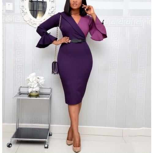Office Dresses for Ladies 2021 Formal Classy Patchwork Flare Sleeve High Waisted V Neck Elegant Offical Formal Dress Midi Autumn