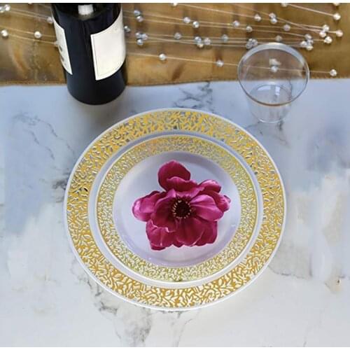 Gold Disposable Plastic Plates Lace Design Wedding Party Plastic Plates Gold Lace Plates Salad Dessert Plates 25Pack