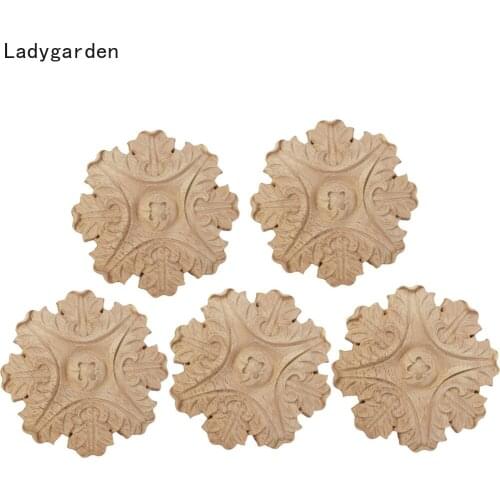 5PCS Wood Applique Wood Furniture Decoration Statues Decal Unpainted Onlay Flower Sculptures Wooden Walls Home Window Decoration