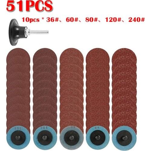 51pcs 2inch 36# 60# 80# 120# 240# Grit Sand Paper Angle Grinder Polishing Grinding Sanding Disc with Roll Lock Disc Pad Holder
