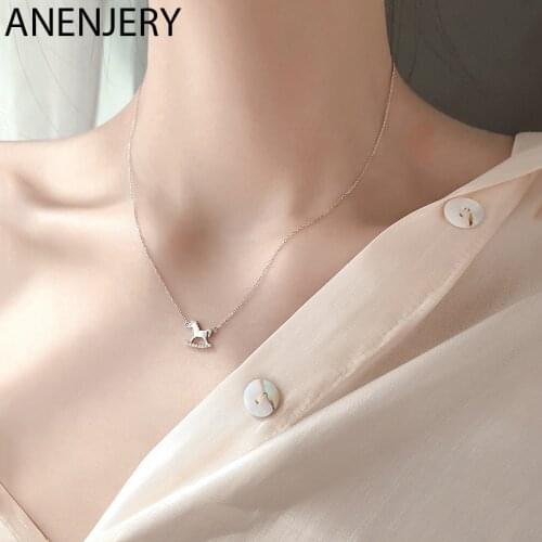 ANENJERY 925 Sterling Silver Cute Rocking Horse Charm Pendant Necklace For Women Clavicle Chain Necklace Jewelry Gifts S-N550
