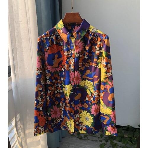 2021 Early Spring Newest Ladies Luxury Flower Floral Print Silk Twill Fabric Blouse Shirt Top