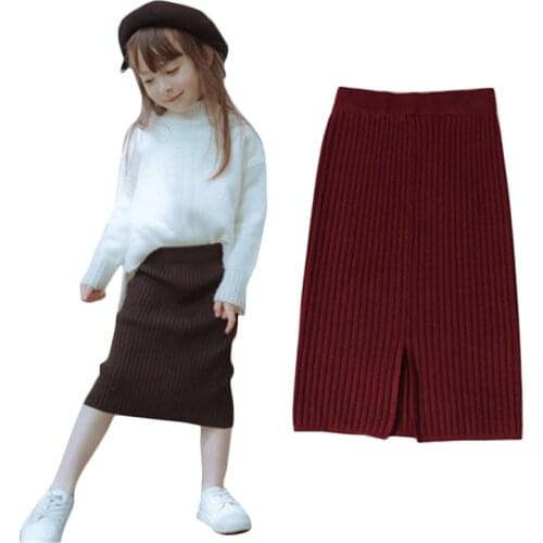 Kids Girls Knitted Skirts Children Split Straight Skirts 2020 INS Cute Clothes Autumn Winter Cotton Skirts Black Wine Red Gray