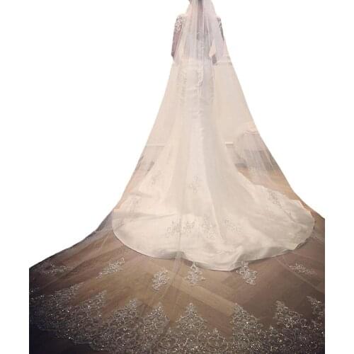 Hot Selling 3M Long Wedding Veils Beads Appliqued Lace One Layer Customized White Ivory Champagne Bridal Wedding Veil with Comb