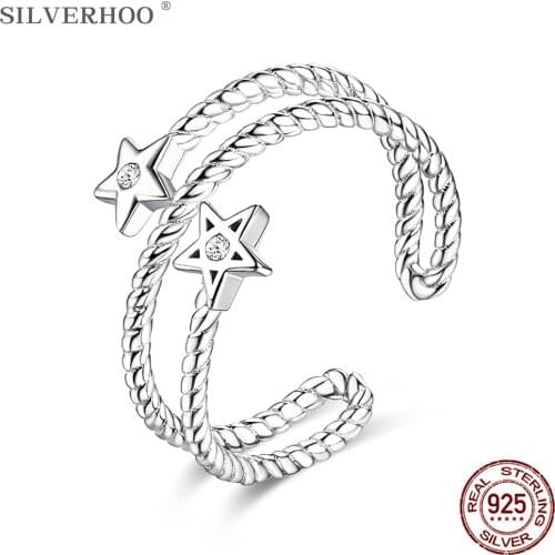SILVERHOO Adjustable Finger Ring For Women Inlay Cubic Zirconia Star 925 Sterling Silver Rings Double Twisted Rope Shape Jewelry