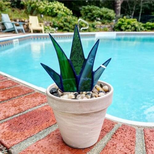 Classic Mini Stained Glass Aloe Potted Plant Decoration Garden Ornaments Home Wedding Garden Yard Art Figurine Decoration