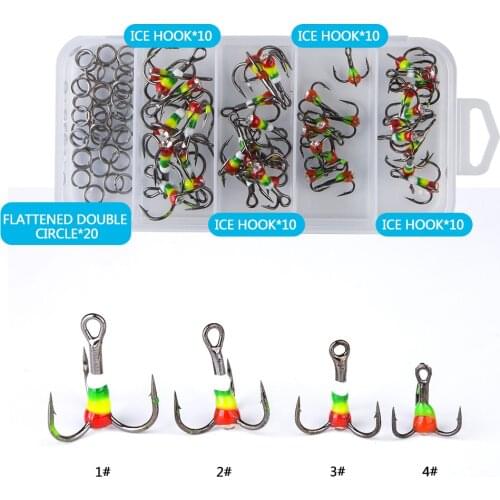 Ice Fishing Hook 40pc/set+Split Rings 20pcs with Box Winter Super Sharp Anchor Treble Hook High Carbon Steel Pack Pesca Icelure