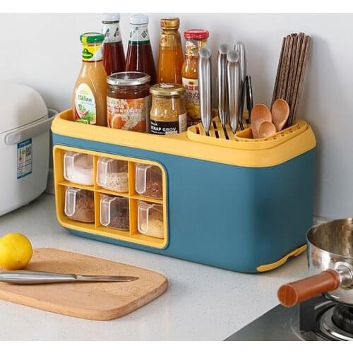 Multifunctional Kitchen Storage Shelf Durable Kitchen Knife Holder Rack With Drain Pan Transparent Plastic Seasoning Box