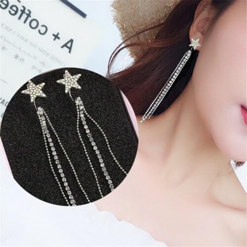 CRLEY Fantasy Fashion Long Tassel Earring for Women Statement Rhinestone Silver Color Star Dangle Earring Hot Wedding Jewelry