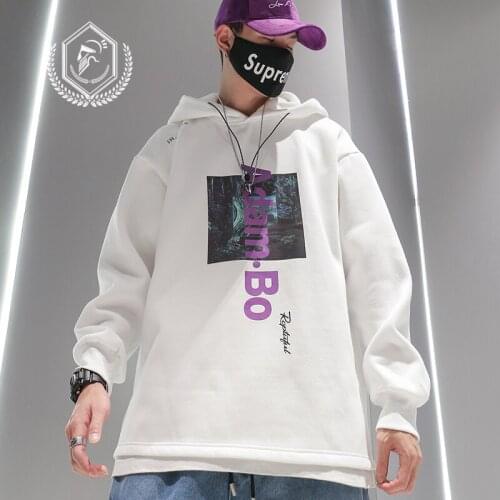 Men Fashion Loose Print Fleece Heavyweight Casual Hip Hop Sweatshirts with Hoodie