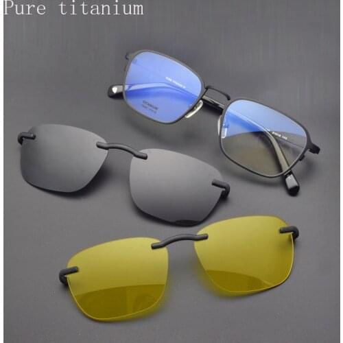 Lightweight Pure Titanium Full Frame Glasses Frame With Polarized Eyeglasses Retro Mens Sunglasses Night Vision Clips Magnet