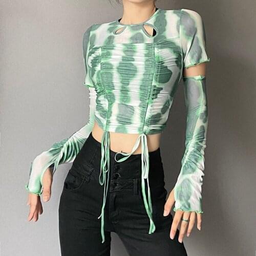 Autumn new womens sexy slim navel fashion print pleated short-sleeved T-shirt for women