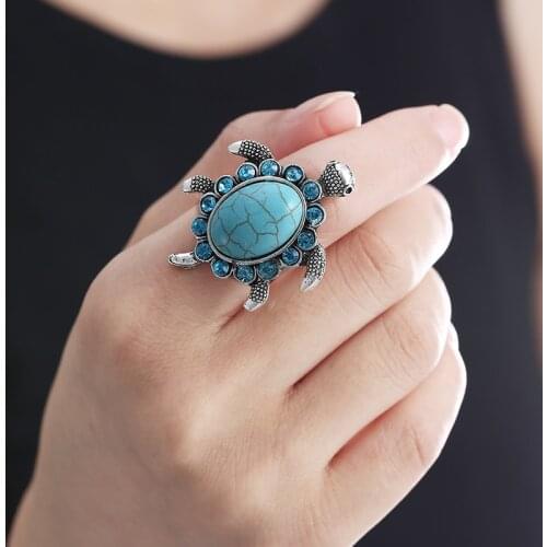 Retro Blue Natural Stone Turtle Opening Ring Exquisite Female Sea Blue Rhinestone Ring Bohemian Womens Beach Party Jewelry
