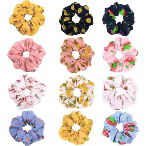 Fruit Printed Girls Ponytail Ties Scrunchies Hair Rope Chiffon Flower Print Long Hair Holder Hairband for Women Hair Circles