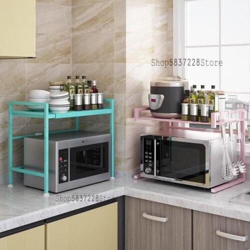 Trendy pink microwave oven rack double-layer retractable oven shelf rice cooker storage countertop household kitchen rack