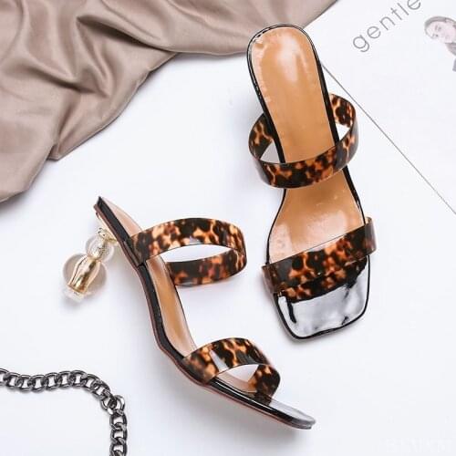 Sexy Leopard Print Women Slippers Concise Colour Mixture Square Toe Strange Heels Slipper Summer Outside Women Shoes Plus Size43