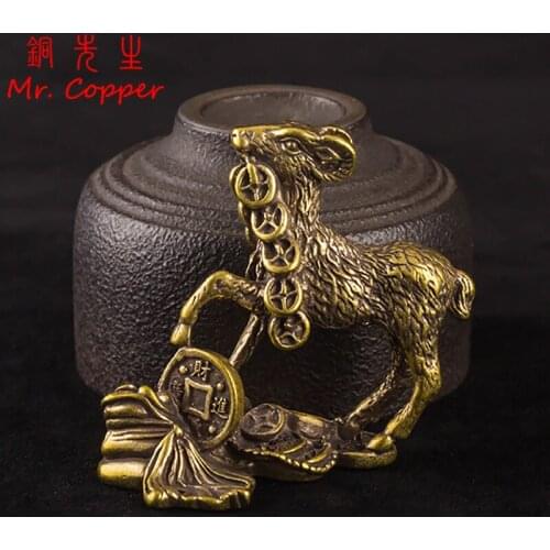 Vintage Brass Coins Goat Statue Solid Copper Animal Sheep Figurines Miniatures Chinese Feng Shui Desk Ornament Crafts Decoration