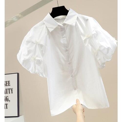 Pearl Bow Vintage Short Lantern Sleeve Single-Breasted Lapel Shirt Womens Loose All-Match Sweet Top Blusas Mujer