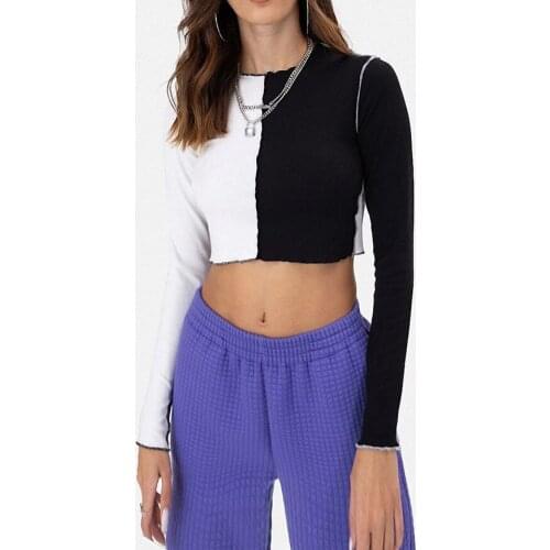 Women Casual Long Sleeve Round Neck Two Tone Slim Fit Tee Shirts Color Block Crop Tops Black White Summer Spring Fall S M L