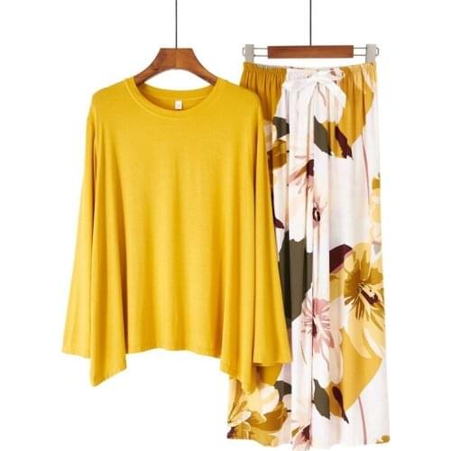 New Style Ladies Pajamas Simple Floral Large Floral Long-sleeved Trousers Home Service Two Piece Set Spring and Autumn