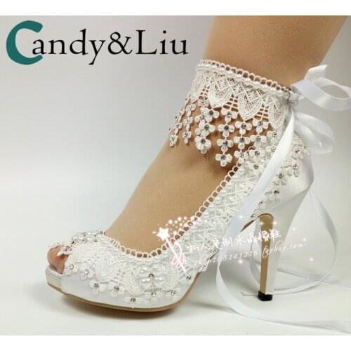 Women Pumps New lace crystal flower rhinestone pearl bride high heel wedding photo wristband satin female performance shoes