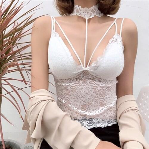Spaghetti Strap Bars Lace Flower Halter Bras Women Sexy Deep V-Neck Sling Tank Top Bralette Underwear Perspective Mesh Crimping