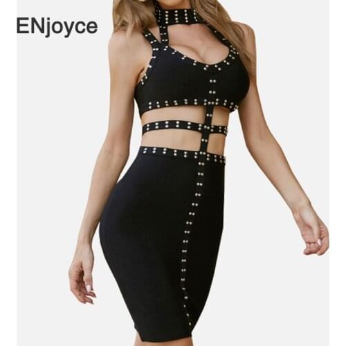 Women Vintage Rivet Bodycon Bandage Dress Sexy Deep V-Neck Sleeveless Backless Club Party Black Punk Mini Dresses Summer