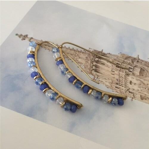 Bohemia Gold Color Plating Cool Sky Blue Navy Bead Strand Curved Hook Drop Earrings For Women Casual Vintage Summer Jewelry