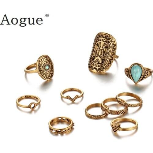 10 Pieces Retro Punk Turkish Fawn Geometry Imitation Rings Set Imitation Carved Ethnic Mini Joint Ring Wholesale
