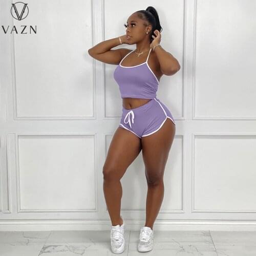 VAZN 2021 Sleeveless Solid Sport Gym Outfits Sport Party Women 2 Piece Set Women Top And Short Pant Sets