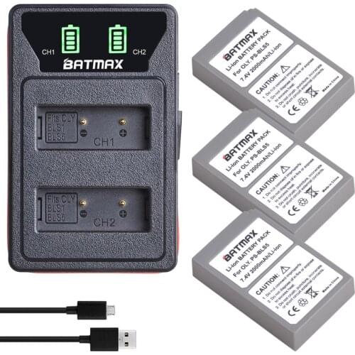 3Pcs 2000mAh BLS-5 BLS5 Bls50 Battery + LED Dual USB Charger for Olympus OM-D E-M10,Mark III,PEN E-PL2,E-PL6,E-PM2, Stylus 1