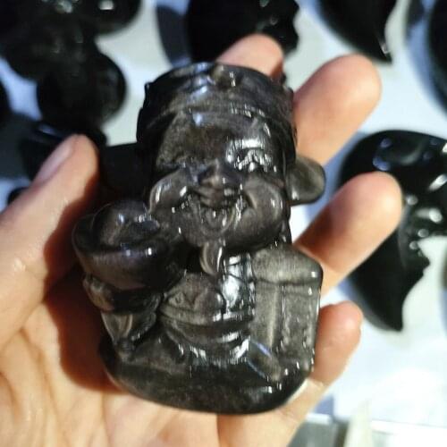 Free shipping Natural High Quality Black Obsidian Money Got Fortune Fairy Shape Crystal Carving For Home Decoration