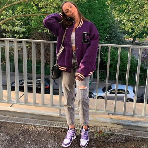 B-TOTO American Retro Dark Purple Loose Baseball Uniform Jacket Female Tide Ins All-match Jacket 2021 New Fashion