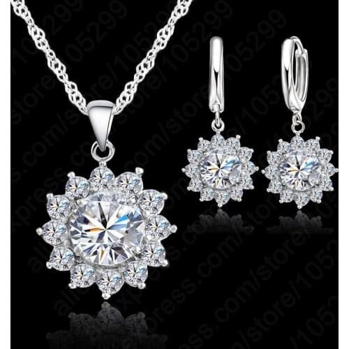 New Arrival Cubic Zirconia CZ Wedding Jewelry Set Rhinestone Flower Pendant Necklace Jewelry Set 925 Sterling Silver