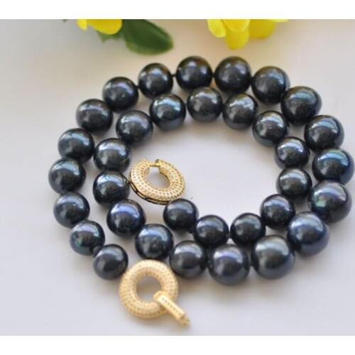P7093 18" 14mm Black Round Freshwater Pearl Choker Necklace CZ Ring