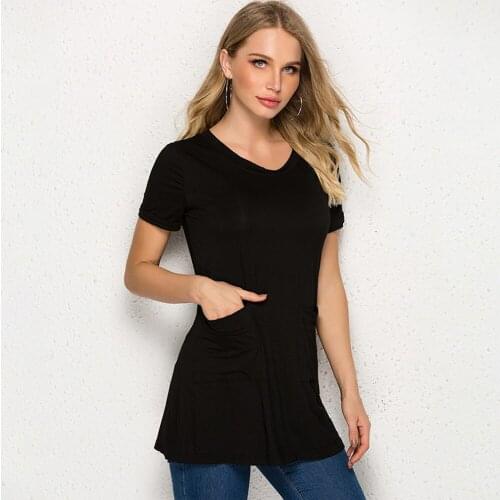 Summer TShirt Women Short Sleeve Women Casual 0-Neck Top Tee Harajuku Vintage Patchwork Pocket Clothing Pure Female Tee Shirt