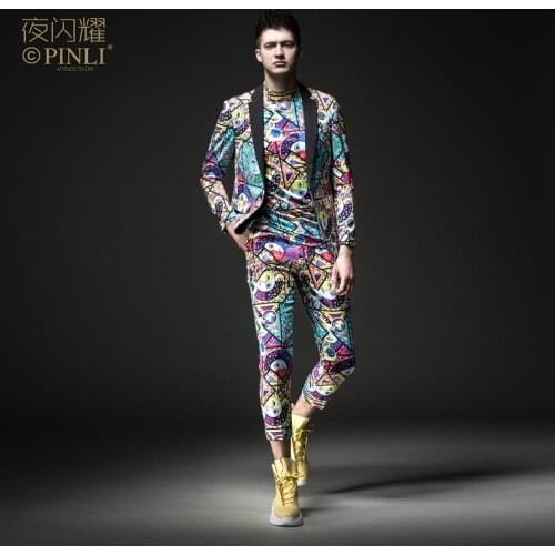 Free Shipping mens male casual printed suit blazer BY183106006 and cropped pants BY183115007 and t shirt BY183111005 3 pcs set