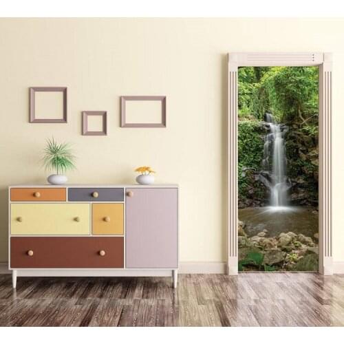 3D Forest Waterfall Door Mural Wall Art Wallpaper mural Wall Print Decal Wall Deco Wall Mural Photo self adhesive door wrap