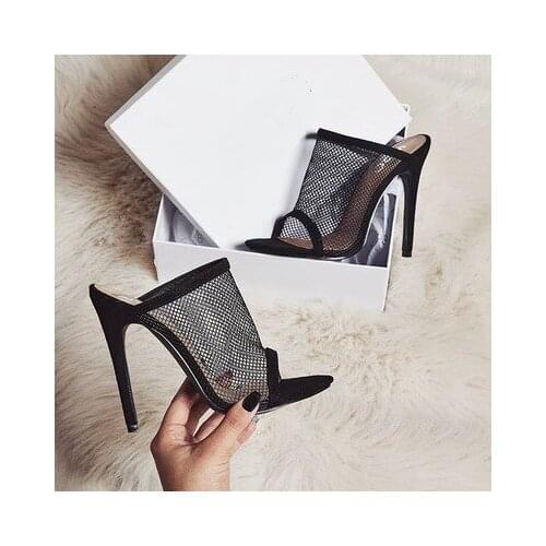 2019 summer new mesh openwork fish mouth sandals stiletto with toe sexy black high heels women