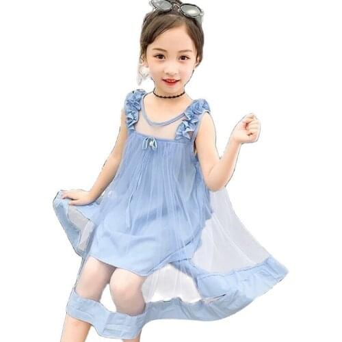 New Summer Denim Dresses For Girls Kids Teenagers Mesh Lace Embroidered Short Sleeve Clothes 2021 Children Cute Princess Dresses