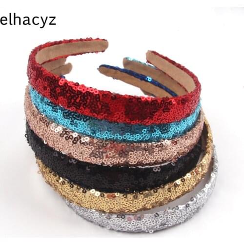 14pcs/lot New Glitter Sequins Hair Band Plain Girls Headbands Solid Sequins 2 CM Wide Hairband Women Shiny DIY Hair Accessories