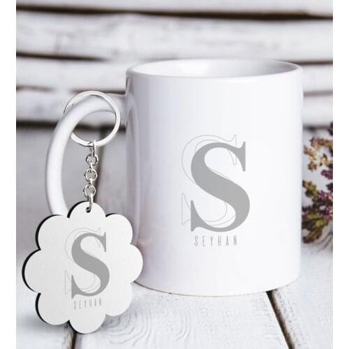 Personalized Letter Is White Mug and Keychain Gift Seti-1