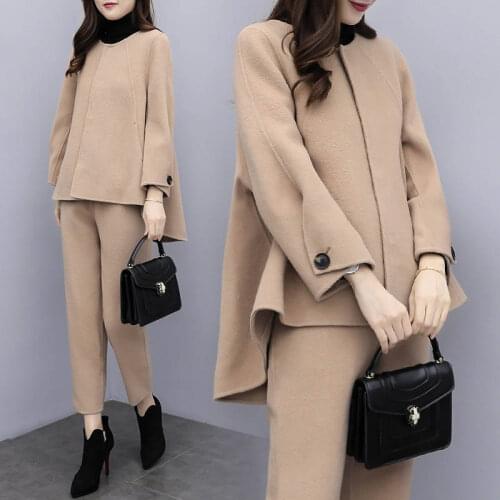 Casual Solid Women Pant Suits Woolen Blazer Jacket & Pencil Pant Khaki Female Suit Spring/Autumn 2020 high quality