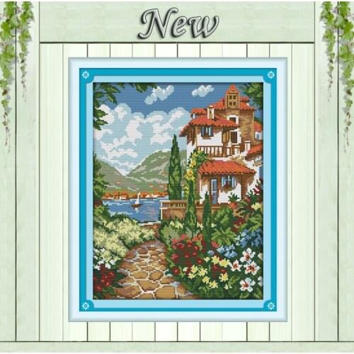 Lakeside mansion Scenery villa painting,Counted printed on canvas DMC 14CT 11CT DIY Cross Stitch Needlework kits Embroidery Sets