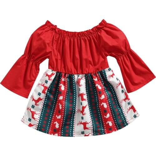 2021 Newborn 0-18M Baby Girls Christmas Dress Off Shoulder Red Top Long Sleeve Deer Striped Print A-line Dress Costume