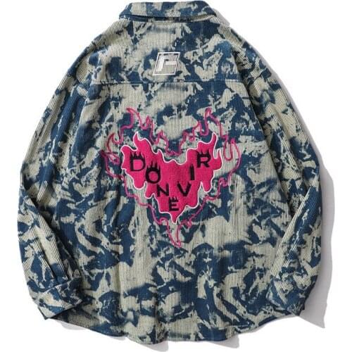 ERENEJIAN Mens Fashion Floral Shirts Hi Street Tie Dye Corduroy Shirt With Flame Embroidery Loose Fit Oversized Hip Hop Tops
