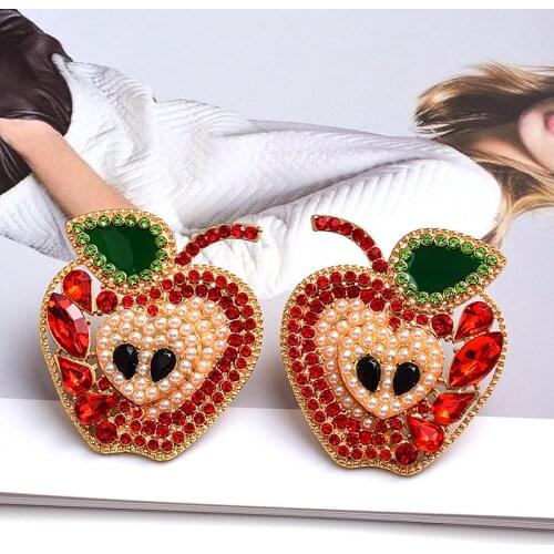 Trendy Cute Pearls Stud Earrings Statement Apple Fruit Pierced Earring Party Wedding Crystal Jewelry For Women