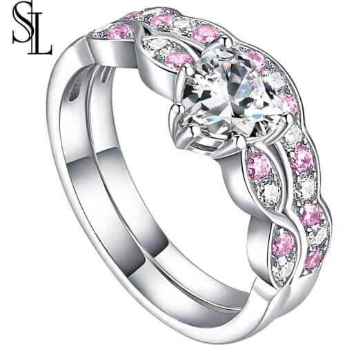 SL 2pcs Heart Shape Wedding Ring Set For Women Bridal 925 Sterling Silver Engagement Rings White AAA Cubic Zirconia Jewelry
