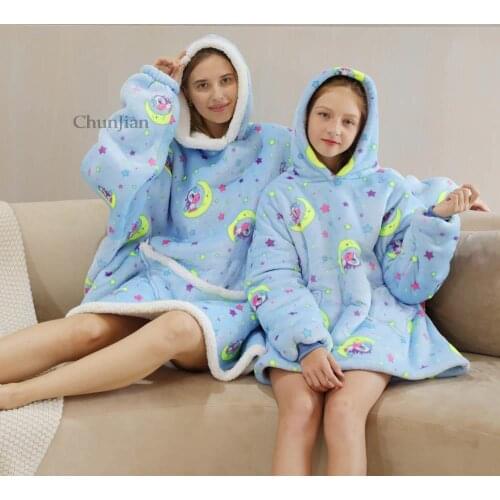 Family Matching Winter Sweatshirts Women Men Kids Teens Oversized Hoodie TV Wearable Blankets Sherap Blanet with Sleeves